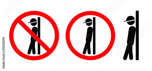 Cartoon stickman, stick figure man symbol or signboard. Do not lean on door, wall, glass, gate or railing  Please do not lean, accident prevention. Don’t sit here on stairs. Flat vector. Safety sign. 