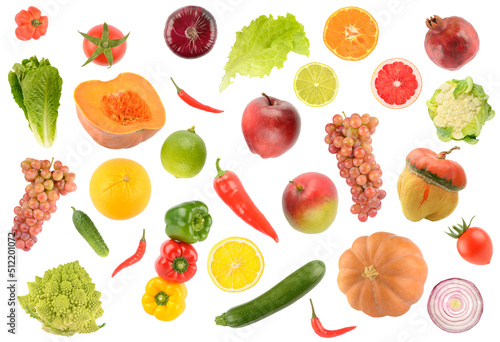 Big set falling vegetables and fruits isolated on white
