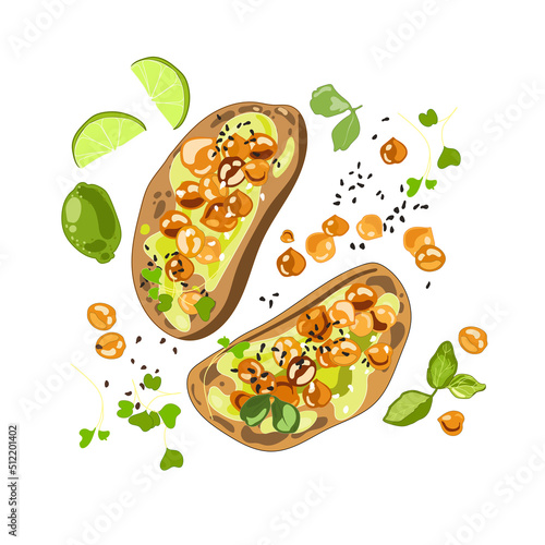 Rye bread sandwiches with avocado cream and chickpeas,and microgreens Top view.Vector illustration on white.Healthy vegan and vegetarian food.Delicious gourmet breakfast.Healthy food concept