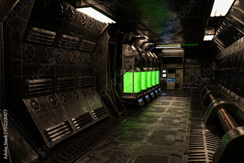 Fototapeta Naklejka Na Ścianę i Meble -  Dark moody old alien space ship or station interior corridor. 3D rendering.