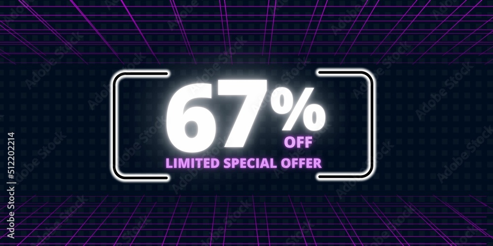 67% off limited special offer. Banner with sixty seven percent discount on a  black background with white square and purple
