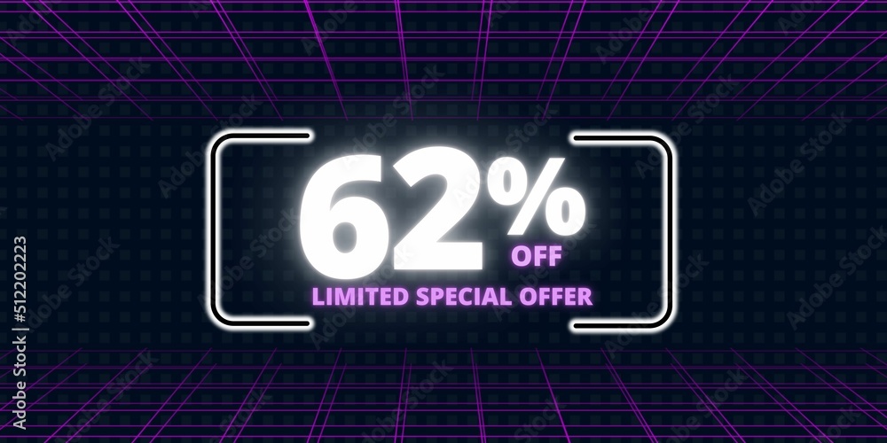 62% off limited special offer. Banner with sixty two percent discount on a  black background with white square and purple