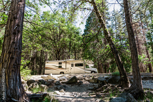 motorhome parked in the woods