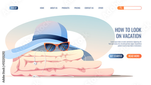 Web page template with summer beach accessories. Concept for web banner and landing page. Towel, sunglasses, beach hat, sunscreen.