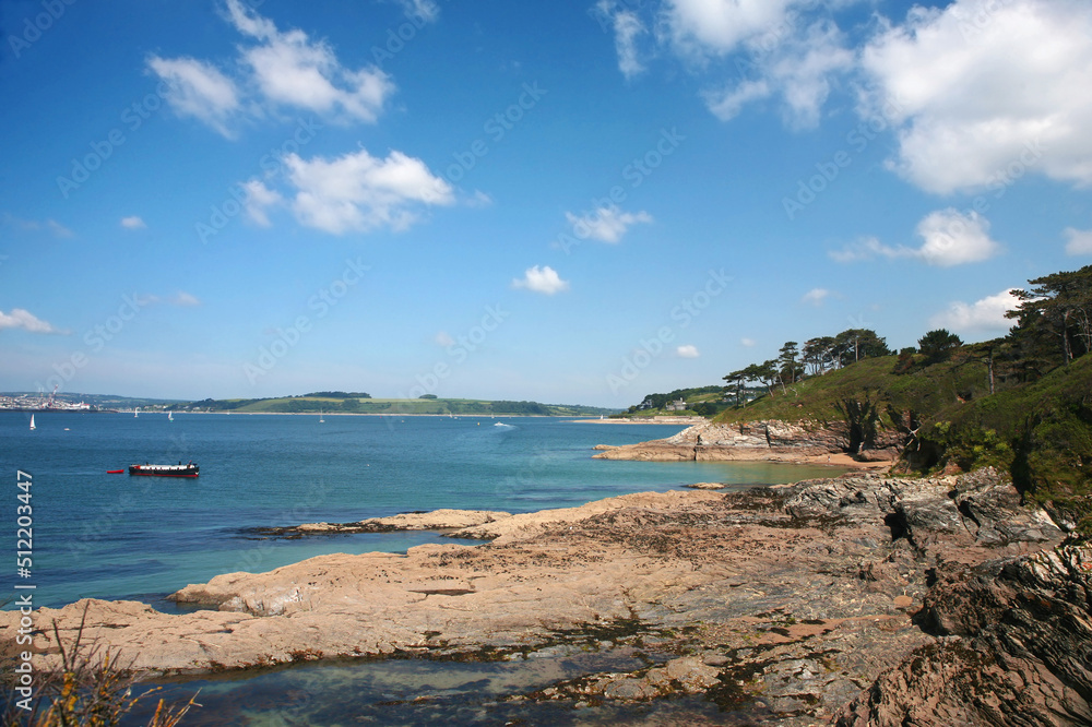 View up the Fal estuary from St. Anthony's Head, Cornwall, UK: Carricknath Point, Castle Point and Falmouth beyond