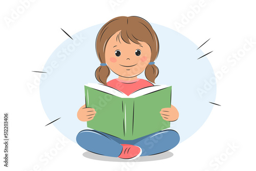 Small child hold open book and read. Knowledge and education concept. Vector illustration