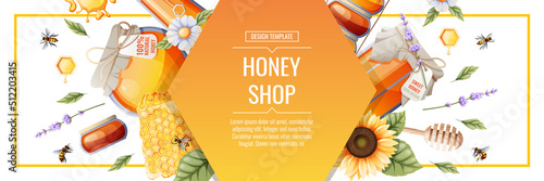 Banner template with honey products. Honey shop.Illustration of a jar of honey, honeycombs, bees, flowers. Design for label, flyer, poster, advertising.