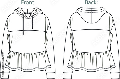 Vector fashion sketch sweatshirt with frills, woman hooded sweatshirt technical drawing, fashion CAD, flat, template, long sleeved hoodie. Jersey or fleece sweatshirt with front, back view,white color