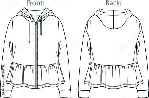 Vector fashion sketch sweatshirt with frills, woman hooded sweatshirt technical drawing, fashion CAD, flat, template, long sleeved hoodie. Jersey or fleece sweatshirt with front, back view,white color