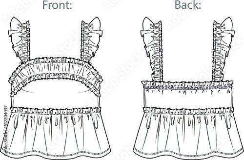 Vector sleeveless top with ruffles fashion CAD, woman tank top with frills and shoulder straps technical drawing, template, sketch, flat. Jersey or woven fabric top with front, back view, white color