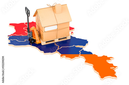 Residential moving service in Armenia, concept. Hydraulic hand pallet truck with cardboard house parcel on Armenian map, 3D rendering