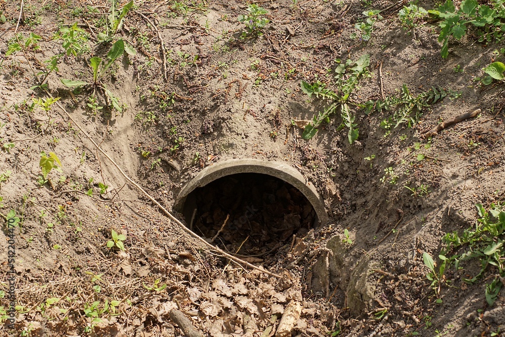 one large iron sewer pipe in the gray earth and green grass on the street one large iron sewer pipe in the gray earth and green grass on the street