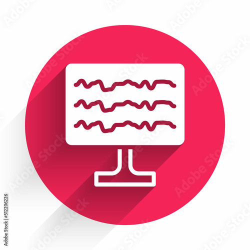 White Encephalogram icon isolated with long shadow background. Electrical activity. Red circle button. Vector photo