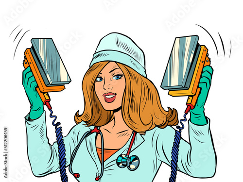 Defibrillator. The nurse resuscitates using a smartphone. Modern technologies, online Internet theme