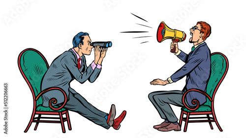 a man with a bullhorn megaphone loudspeaker and a second man with binoculars. Two interlocutors. negotiations discussion concept