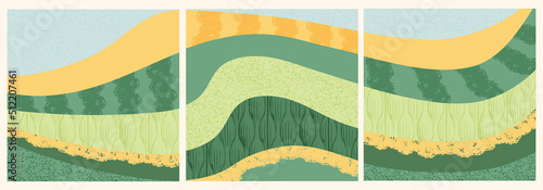 Abstract agriculture field landscape vector illustration. Agro farm valley background. Green ecology pattern with texture. Set of eco card, poster, brochure or flyer. Simple rural countryside view