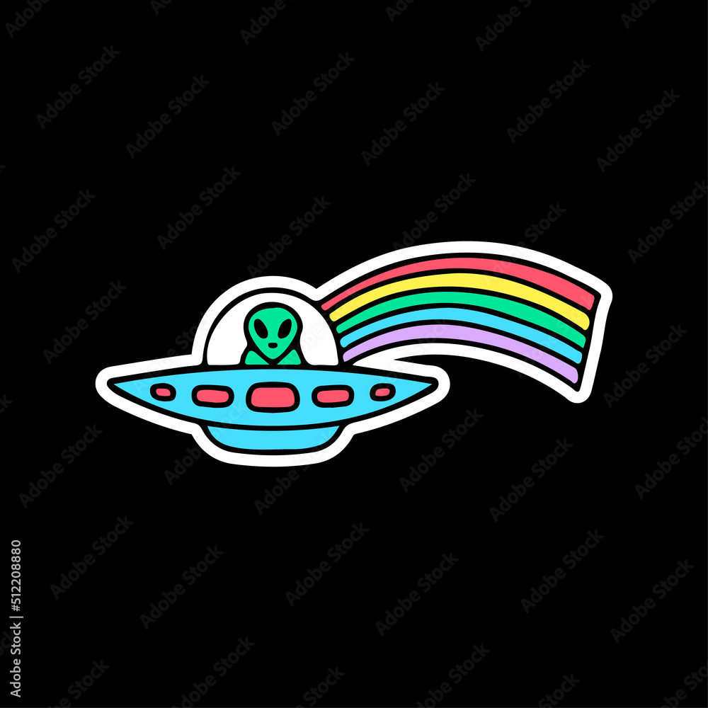 Trendy alien in spaceship with rainbow, illustration for t-shirt, street wear, sticker, or apparel merchandise. With doodle, retro, and cartoon style.