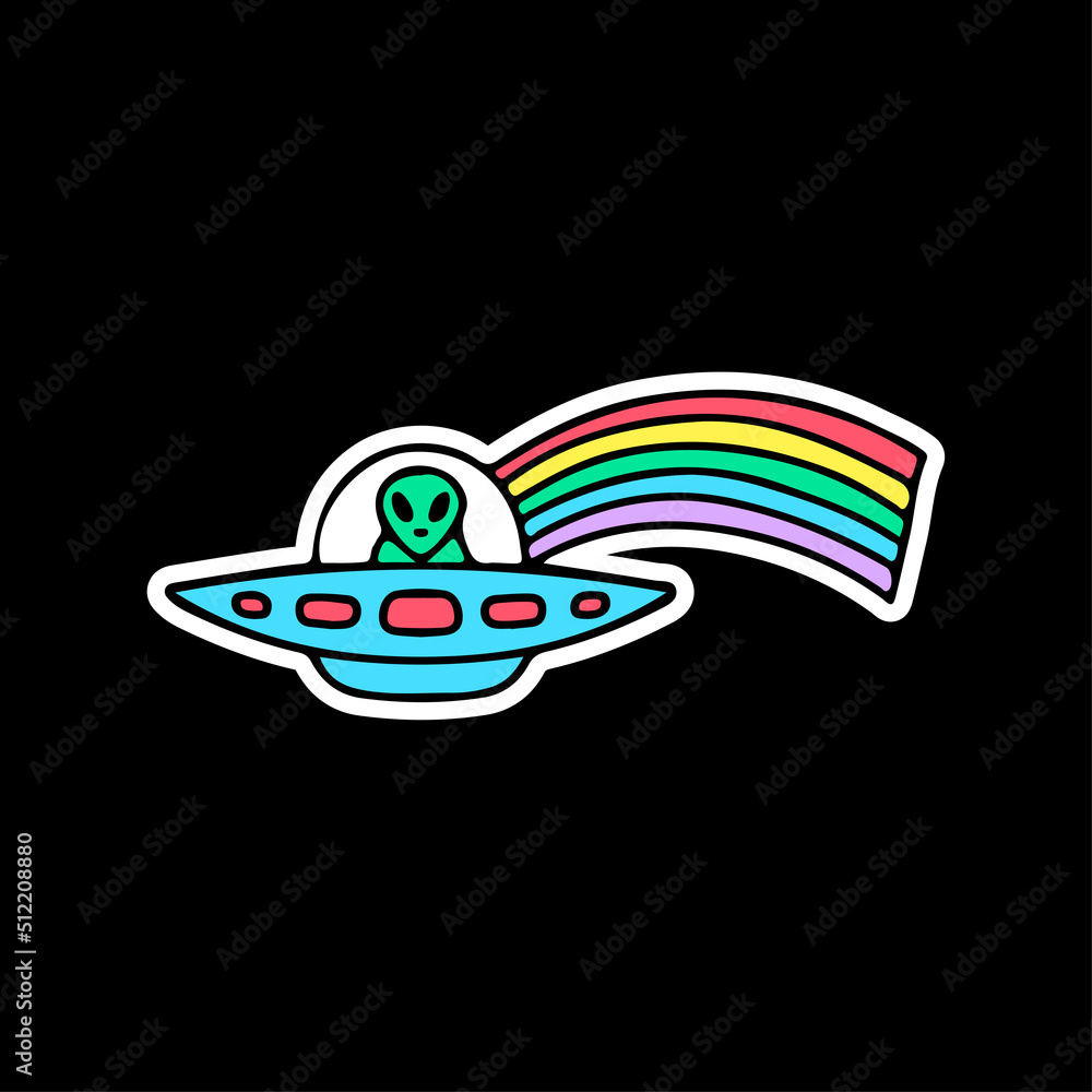 Trendy alien in spaceship with rainbow, illustration for t-shirt, street wear, sticker, or apparel merchandise. With doodle, retro, and cartoon style. Trendy alien in spaceship with rainbow, illustration for t-shirt, street wear, sticker, or apparel merchandise. With doodle, retro, and cartoon style.