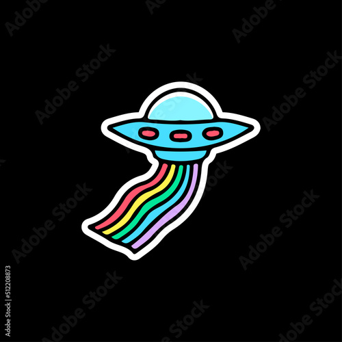 Spaceship UFO with rainbow, illustration for t-shirt, street wear, sticker, or apparel merchandise. With doodle, retro, and cartoon style.