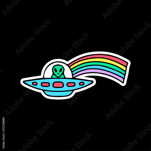 Trendy alien in spaceship with rainbow, illustration for t-shirt, street wear, sticker, or apparel merchandise. With doodle, retro, and cartoon style.