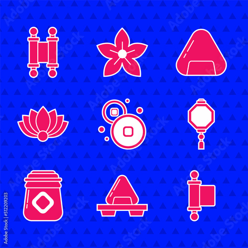 Set Chinese Yuan currency, Sushi on cutting board, Decree, paper, parchment, scroll, lantern, Jar of honey, Lotus flower, and icon. Vector