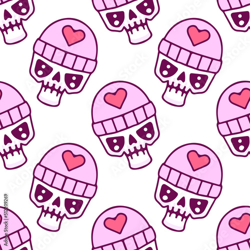 Hype skull with love beanie hat on white background seamless pattern. Modern vintage  pop art style seamless pattern concept.