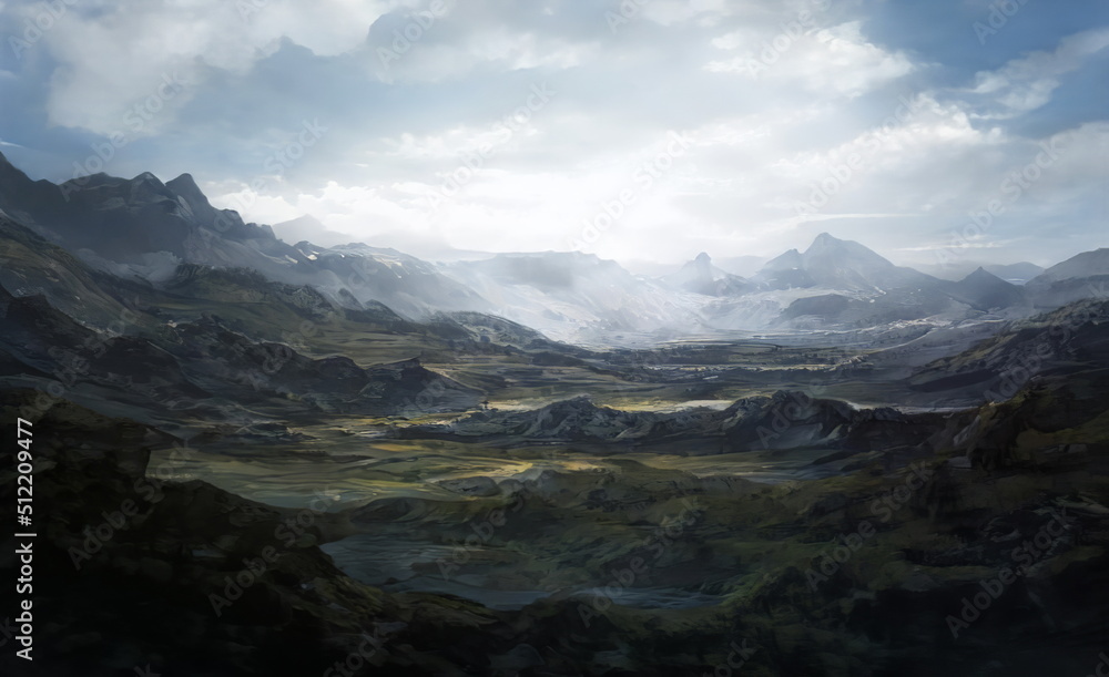 Fantastic Epic Magical Landscape of Mountains. Summer nature. Mystic Valley, tundra. Gaming assets. Celtic Medieval RPG background. Rocks and grass. Beautiful sky with clouds. Lakes and rivers	