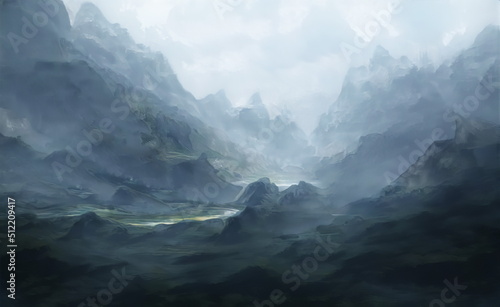 Fantastic Epic Magical Landscape of Mountains. Summer nature. Mystic Valley, tundra. Gaming assets. Celtic Medieval RPG background. Rocks and grass. Beautiful sky with clouds. Lakes and rivers  © Abstract51