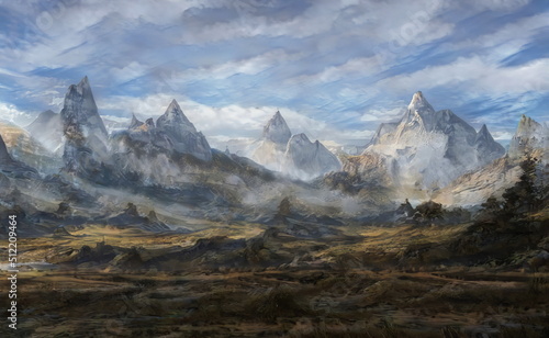 Fantastic Epic Magical Landscape of Mountains. Summer nature. Mystic Valley, tundra. Gaming assets. Celtic Medieval RPG background. Rocks and grass. Beautiful sky with clouds. Lakes and rivers 