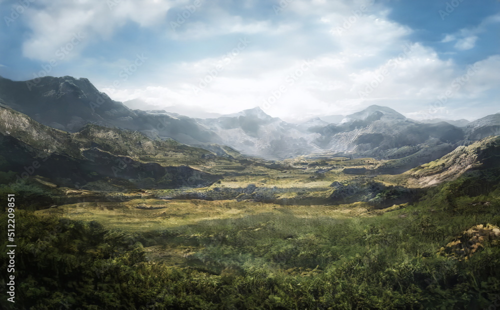 Fantastic Epic Magical Landscape of Mountains. Summer nature. Mystic Valley, tundra. Gaming assets. Celtic Medieval RPG background. Rocks and grass. Beautiful sky with clouds. Lakes and rivers Fantastic Epic Magical Landscape of Mountains. Summer nature. Mystic Valley, tundra. Gaming assets. Celtic Medieval RPG background. Rocks and grass. Beautiful sky with clouds. Lakes and rivers