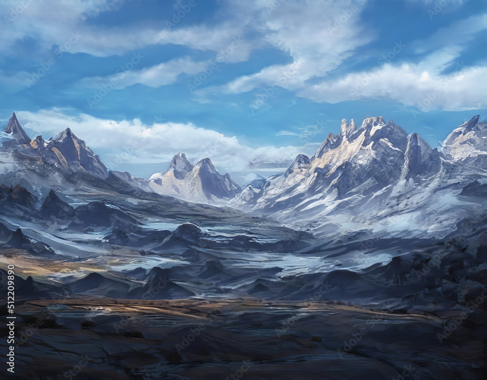Fantastic Winter Epic Landscape of Mountains. Celtic Medieval forest. Frozen nature. Glacier in the mountains. Mystic Valley. Artwork sketch. Gaming RPG background. Dark Canyon. Day and night	