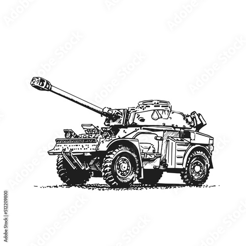 Wheeled tank hand graphic drawing. Military equipment