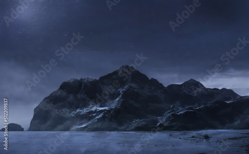 Fantastic Epic Magical Landscape of Mountains. Summer nature. Mystic Valley, tundra. Gaming assets. Celtic Medieval RPG background. Rocks and grass. Beautiful sky with clouds. Lakes and rivers 