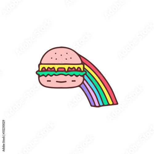 Burger and rainbow, illustration for t-shirt, street wear, sticker, or apparel merchandise. With doodle, retro, and cartoon style.