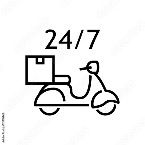 Icono silueta de scooter vintage con silueta de caja y texto 24/7. Logotipo de entrega a domicilio. Vector con líneas en color negro