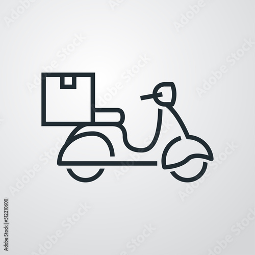 Icono silueta de scooter vintage con caja. Logotipo de entrega a domicilio. Vector con líneas en fondo gris