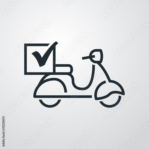 Icono silueta de scooter vintage con silueta de checkmark en caja. Logotipo de entrega a domicilio. Vector con líneas en fondo gris