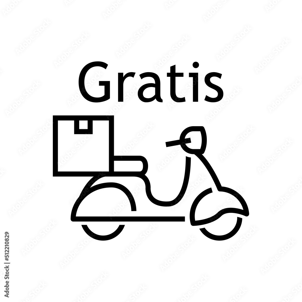 Logo de entrega a domicilio. Vector silueta de scooter vintage con caja y texto Gratis en español con líneas. Color negro Logo de entrega a domicilio. Vector silueta de scooter vintage con caja y texto Gratis en español con líneas. Color negro