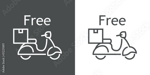 Logo de entrega a domicilio. Vector silueta de scooter vintage con caja y texto Free con líneas. Fondo gris y fondo blanco