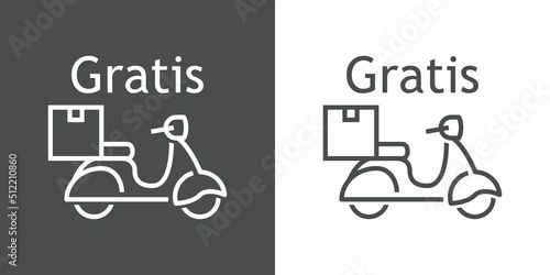 Logo de entrega a domicilio. Vector silueta de scooter vintage con caja y texto Gratis en español con líneas. Fondo gris y fondo blanco