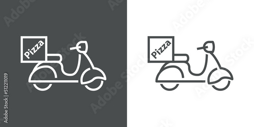 Icono silueta de scooter vintage con texto Pizza. Logotipo de comida a domicilio. Vector con líneas en fondo gris y fondo blanco
