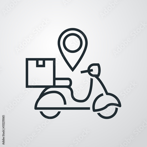 Logo buscador de paquete de entrega a domicilio. Vector con scooter y caja con marcador de posición con líneas en fondo gris