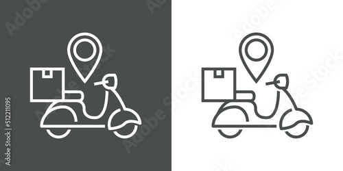 Logo buscador de paquete de entrega a domicilio. Vector con scooter y caja con marcador de posición con líneas en fondo gris y fondo blanco