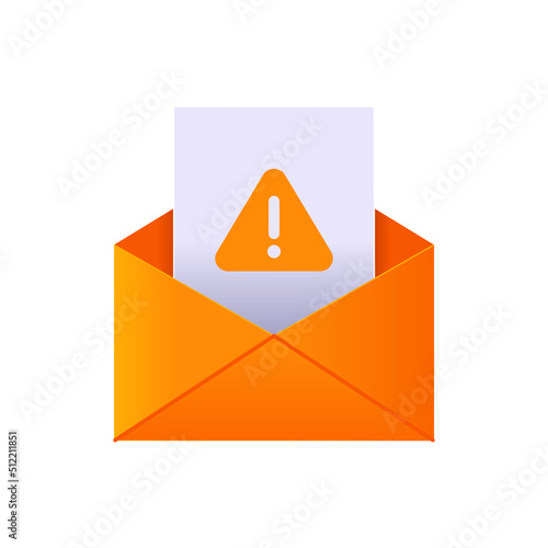 Dangerous 3d email orange envelope with attached file with warning exclamation mark vector illustration