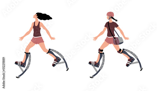 A young athletic woman jumps on springs. Summer entertainment and training. Postal courier. Color vector illustration isolated on a white background in a cartoon and flat design.