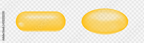 Golden capsules of fish oil, collagen, vitamin A or E, omega fatty acid food supplement isolated on transparent background. Vector realistic illustration