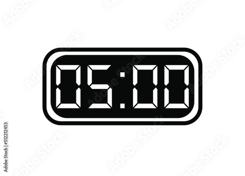 Timer 5 hours icon. 5 hours digital timer in background white.