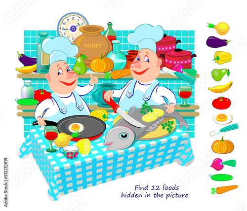 Logic puzzle game for kids. Find 12 foods hidden in the picture. Little children playing on the beach in summer. Educational page. Play online. IQ test. Task for attentiveness. Vector illustration.