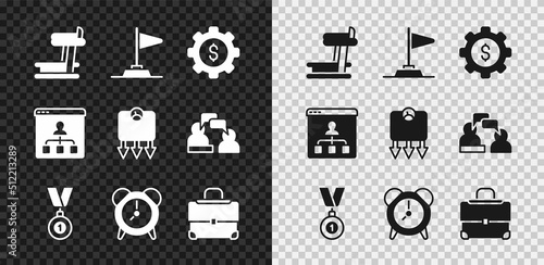 Set Treadmill machine, Flag, Gear with dollar, Medal, Alarm clock, Briefcase, Online education and Weight loss icon. Vector