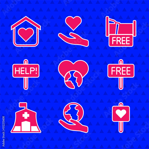 Set The heart world - love, Hand holding Earth globe, Location with, Free sign, Emergency medical tent, Help, overnight stay house and Shelter for homeless icon. Vector